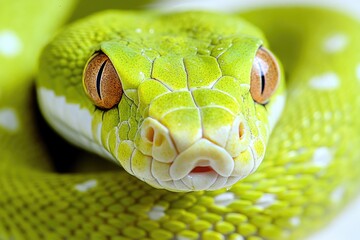 Wall Mural - A close-up view of a green snake's head with sharp eyes and scales