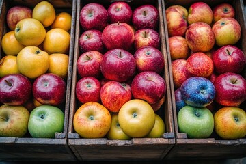 Poster - A wooden box filled with various apple types, suitable for still life photography or as a prop in food-related scenes