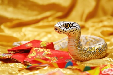 Poster - A toy snake sits atop a golden colored fabric, suitable for decorative or educational use