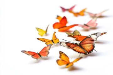 Wall Mural - A group of colorful butterflies perched on a white background, showcasing their delicate wings