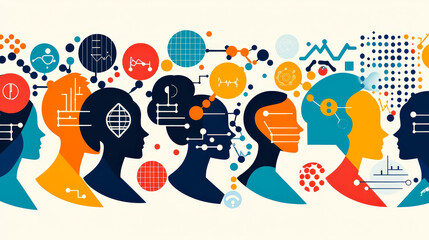 Leinwandbilder - Diverse silhouettes of people connected by technology and innovative ideas in a creative graphic representation