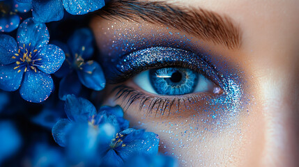 Poster - Bright blue eye adorned with vibrant flowers in a close-up view showcasing artistic makeup and natural beauty