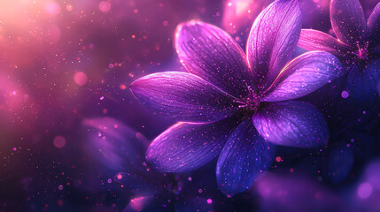 Poster - Beautiful purple flower blooms in soft light with shimmering bokeh in a tranquil setting
