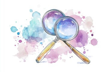 Poster - A pair of magnifying glasses set against a colorful watercolor background, ideal for illustrations and designs