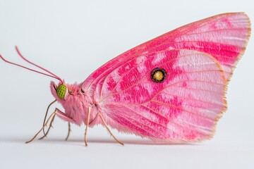 Poster - A close-up view of a pink butterfly sitting on a white surface