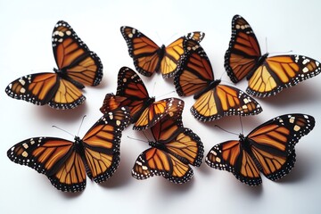Poster - Group of butterflies perched on a white surface, suitable for decoration or illustration