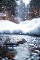Poster - A large rock sits amidst a flowing stream surrounded by snow-covered banks