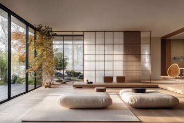 Minimalist japandi interior design living room modern home gigapixel high fidelity natural light serene atmosphere