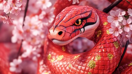 Poster - A statue of a red snake curled around the trunk of a tree, perfect for use in fantasy or nature-inspired designs