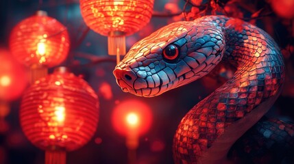 Poster - A close-up shot of a snake's head with red lanterns in the background, great for use in dark or mystical themes