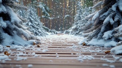 Poster - Winter forest path with snow-covered ground and trees in the background
