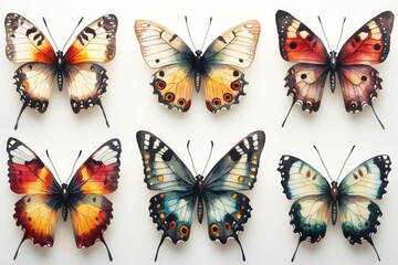 Poster - A group of six butterflies with different colors perched on a white surface