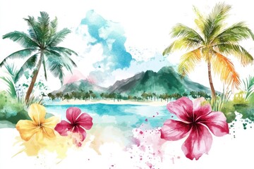 Poster - Watercolor illustration of a tropical island with palm trees, perfect for travel or leisure designs
