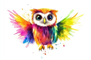 Poster - A bright and vibrant portrait of an owl with large eyes, perfect for use in children's books, educational materials or as a decorative piece