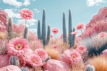 Aufkleber - A field of pink flowers surrounded by cactus plants