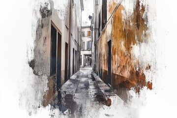 Poster - Watercolor illustration of a narrow city street with buildings and people