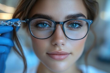 Poster - A woman wearing glasses holds a pair of scissors, suitable for illustrations related to crafting or DIY projects