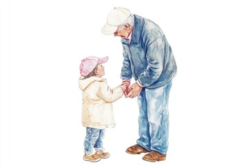 Poster - A painting of a moment between an adult man and a young girl, shaking hands in a gesture of friendship and trust