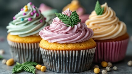 Poster - Three colorful cupcakes with creamy frosting and colorful sprinkles on a table