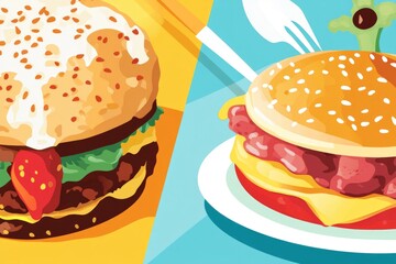 Poster - A burger served on a plate with a fork and knife
