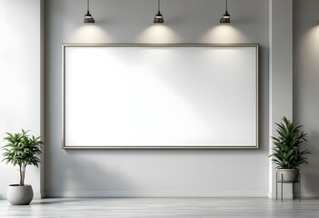 Poster - Empty white horizontal frame on gray wall with spotlights and decorative plants. Modern minimal interior design. Mock up for advertising, banner with copy space