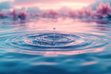 Poster - A close-up shot of a single water droplet floating on the surface of a body of water