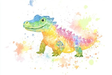Poster - A whimsical illustration of a vibrant dinosaur in watercolor style, great for children's books or educational materials