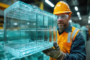 Fototapete - A worker holds a glass block while wearing a hard hat, suitable for construction or industry scenes