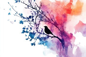 Poster - A watercolor illustration of a bird perched on a branch, surrounded by lush foliage