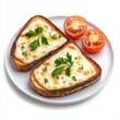 © AI04 - A tasty plate of toast topped with melted cheese, sliced tomatoes, and basil, set against a transparent background.