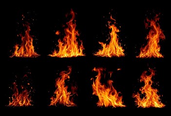 Wall Mural - bright orange fire flames collection isolated on black background. eight different dynamic burning p