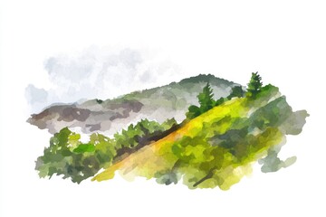 Poster - A serene watercolor painting of a hill with dense tree cover