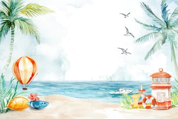 Poster - A serene beach scene with palm trees and calm waters