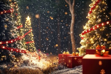 Aufkleber - A winter wonderland scene with colorful presents and snowflakes