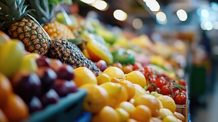 Poster - A colorful fruit stand filled with a variety of fresh fruits, perfect for a market or store setting