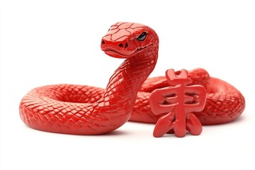 Poster - A small red snake figurine sits next to a Chinese character, perfect for decorative purposes or as a prop in cultural-themed scenes