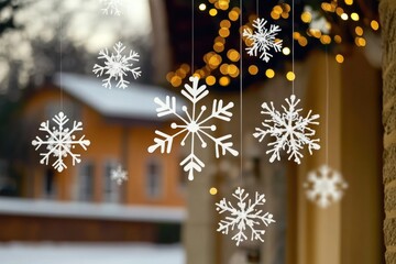 Poster - A collection of snowflakes hangs from a window, creating a winter wonderland scene