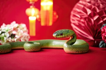 Poster - A green snake sits on top of a red surface, ready to strike
