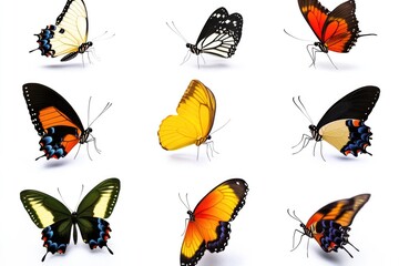 Poster - A group of colorful butterflies gathered on a clean white surface, great for nature or insect themed illustrations