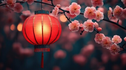 Poster - A traditional red lantern hangs from a branch surrounded by blooming pink flowers