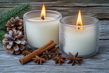 Poster - A pair of candles placed on a rustic wooden table, great for use in home decor or special occasion scenes