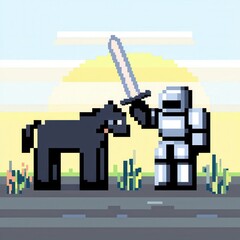 Wall Mural - A charming 8-bit pixel art of a glowing pixelated knight in shining armor holding a glowing sword, standing beside a pixelated horse, surrounded by tiny sparkling grass and a pastel sunrise. 