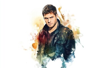 Poster - A person wearing a leather jacket stands against a white background, suitable for use in editorial or commercial purposes