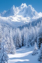 Wall Mural - A snowy forest landscape with a mountain in the background, perfect for winter or nature-themed projects