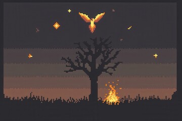 Wall Mural - A charming 8-bit pixel art of a glowing pixelated phoenix perched atop a pixelated burning tree, with glowing feathers radiating light, surrounded by tiny sparkling embers and a pastel navy 