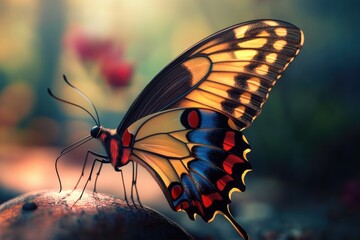 Wall Mural - A close-up view of a butterfly resting on a rock, surrounded by natural textures and colors