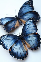 Poster - Three blue butterflies sit on a white surface, ideal for illustrations and design