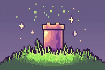 Wall Mural - A charming 8-bit pixel art of a glowing pixelated wizard’s tower surrounded by glowing floating runes, pixelated stars, and tiny sparkling magical orbs, set on a pastel navy and grey background 