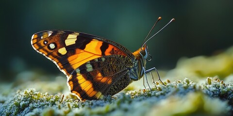 Poster - A butterfly sits on top of a moss-covered ground, showcasing its delicate beauty