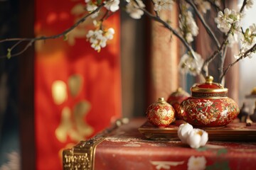 Poster - A decorative table with a vase filled with white flowers